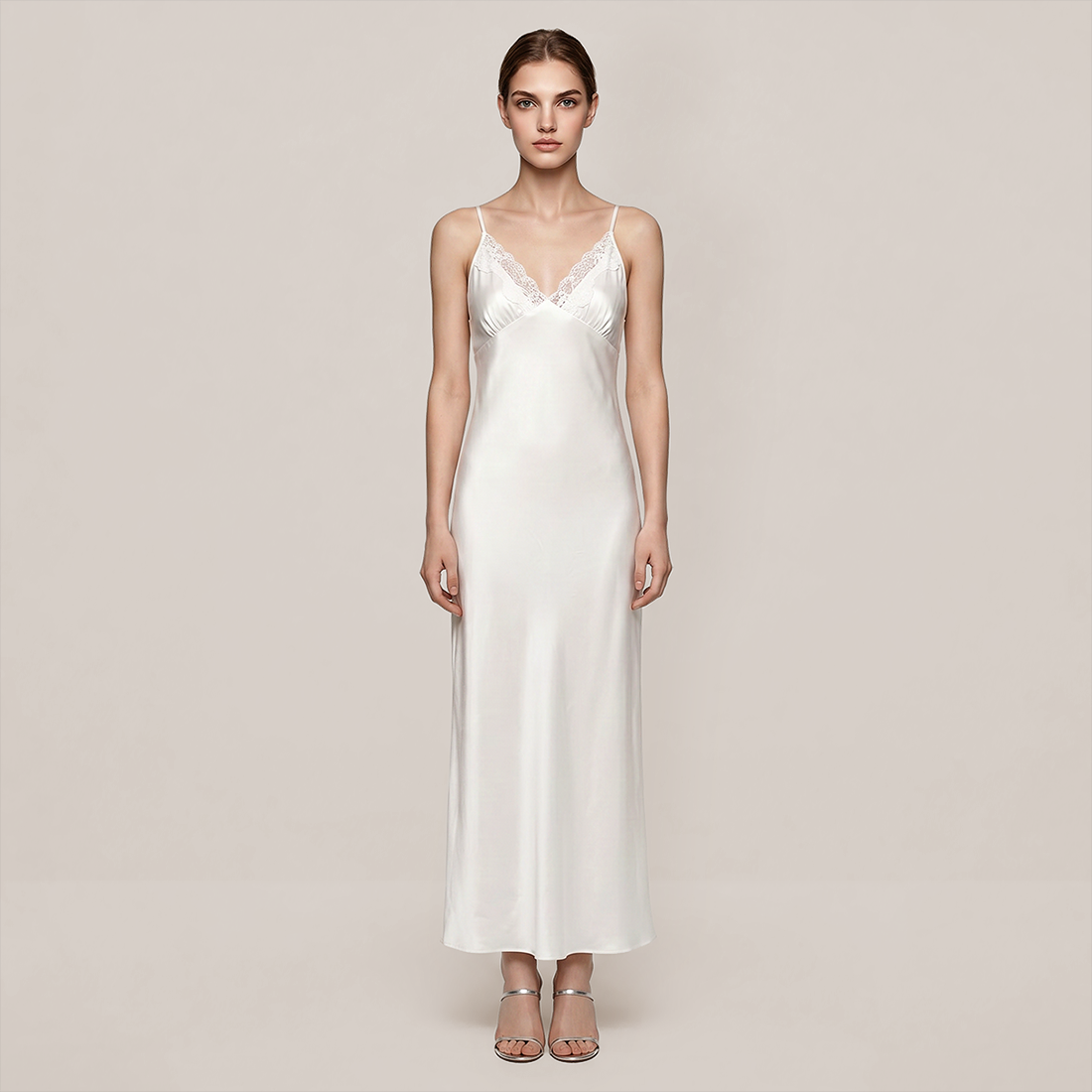 100% Mulberry Silk Lace Trim Cami Nightgown Set - Nomee