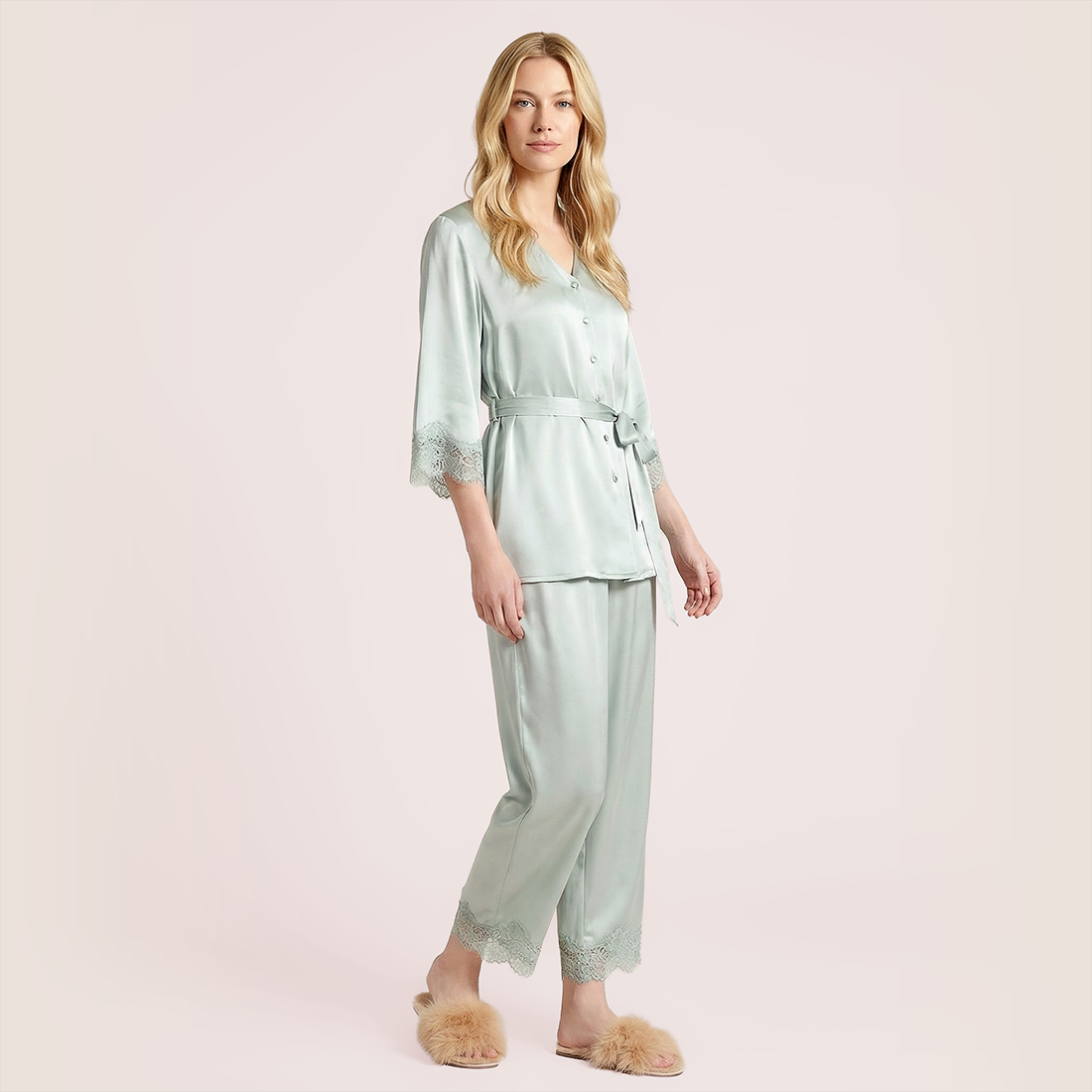 100% silk V-neck lace seven quarter sleeved jacket+long pants pajama set-Nomee