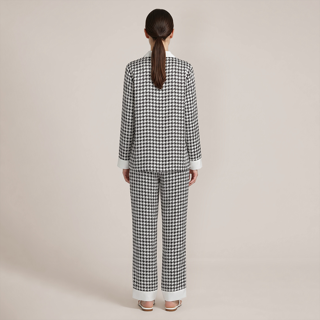 100% Mulberry Silk Houndstooth Print Long Sleeve Pajama Set - Nomee