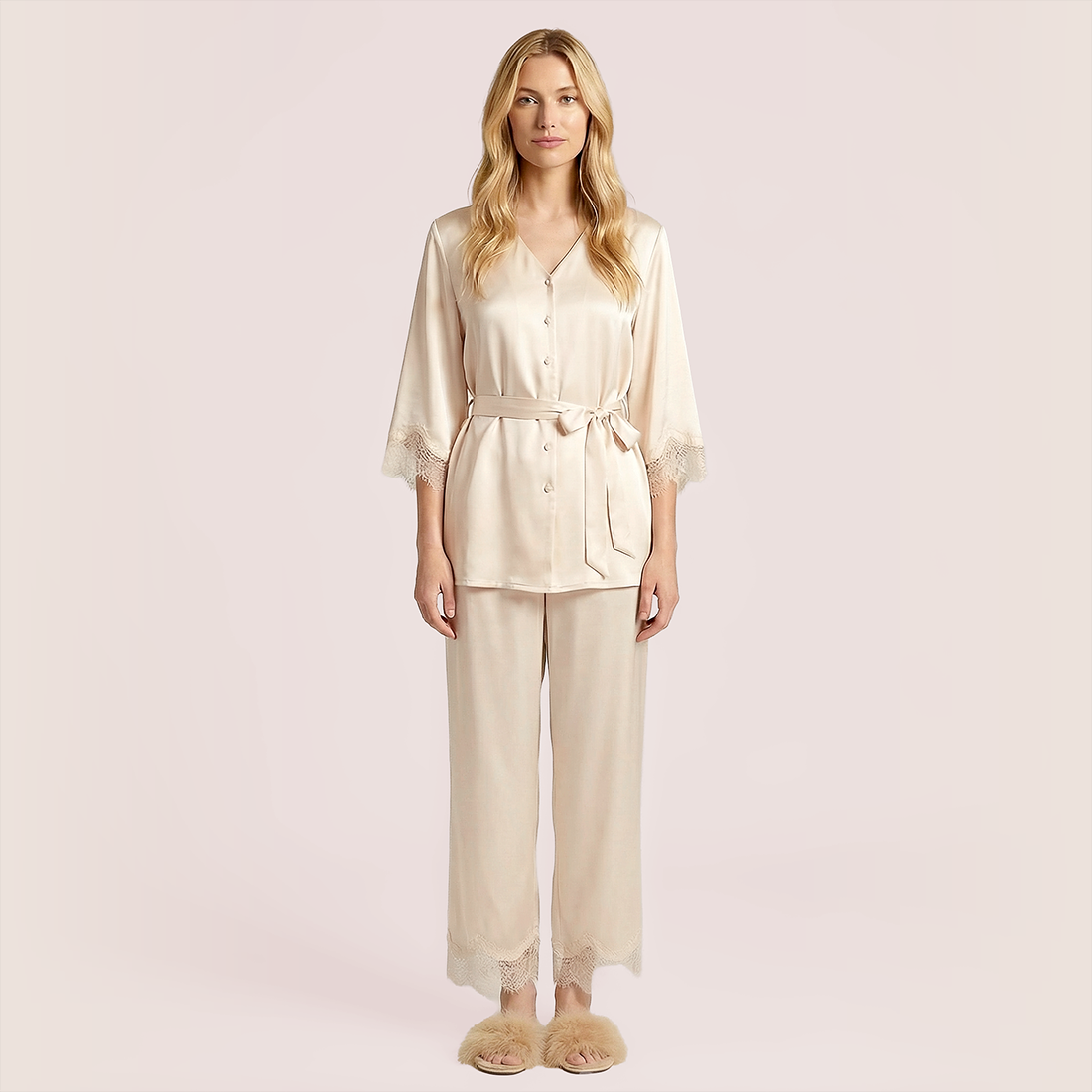 100% silk V-neck lace seven quarter sleeved jacket+long pants pajama set-Nomee