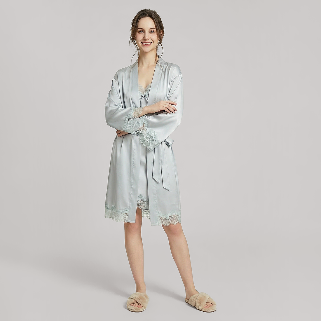 Nomee 100% Mulberry Silk Lace Trim Pajama Set-Nomee