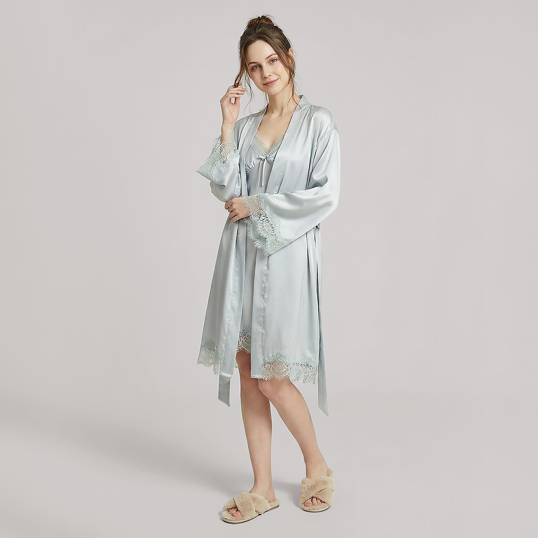 Nomee 100% Mulberry Silk Lace Trim Pajama Set-Nomee