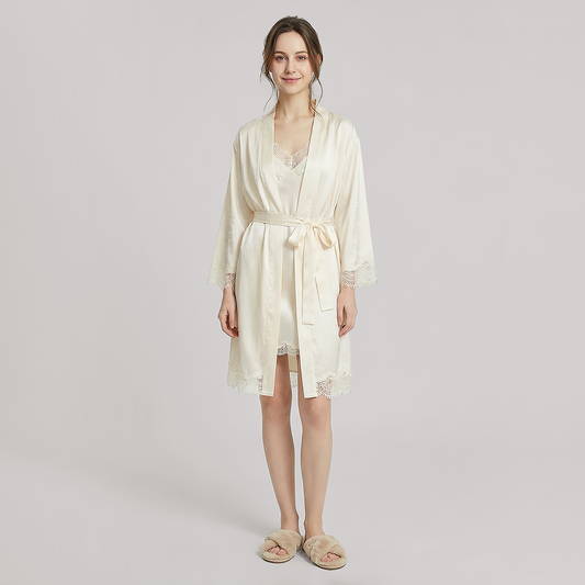 Nomee 100% Mulberry Silk Lace Trim Pajama Set-Nomee