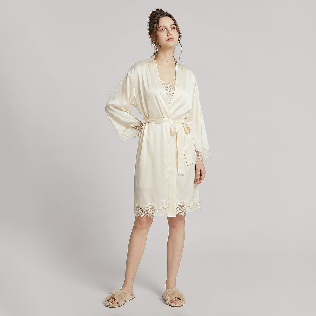 Nomee 100% Mulberry Silk Lace Trim Pajama Set-Nomee