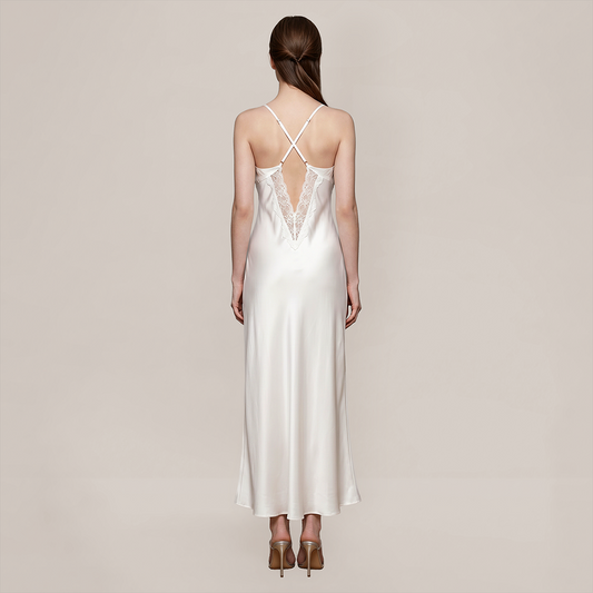100% Mulberry Silk Lace Trim Cami Nightgown Set - Nomee