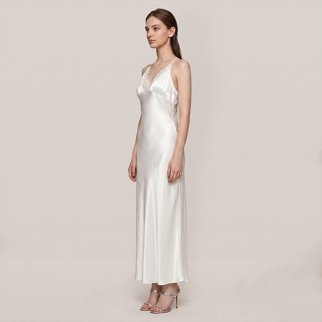 100% Mulberry Silk Lace Trim Cami Nightgown Set - Nomee