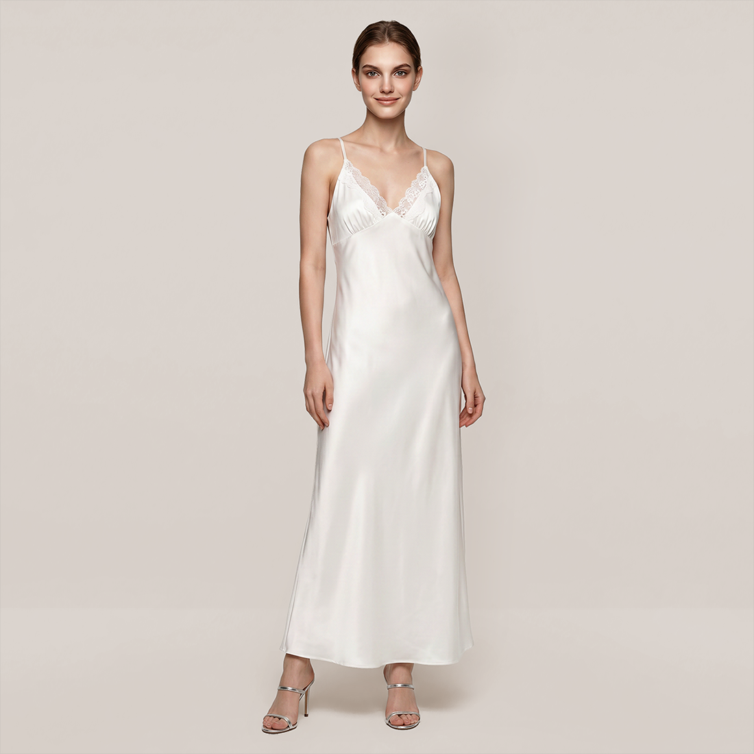 100% Mulberry Silk Lace Trim Cami Nightgown Set - Nomee