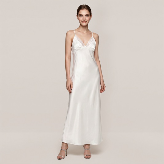100% Mulberry Silk Lace Trim Cami Nightgown Set - Nomee