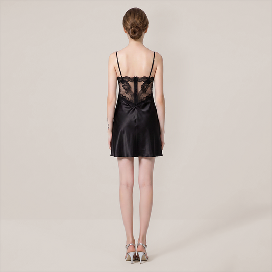 100% Mulberry Silk French Lace Backless Cami Nightgown - Nomee