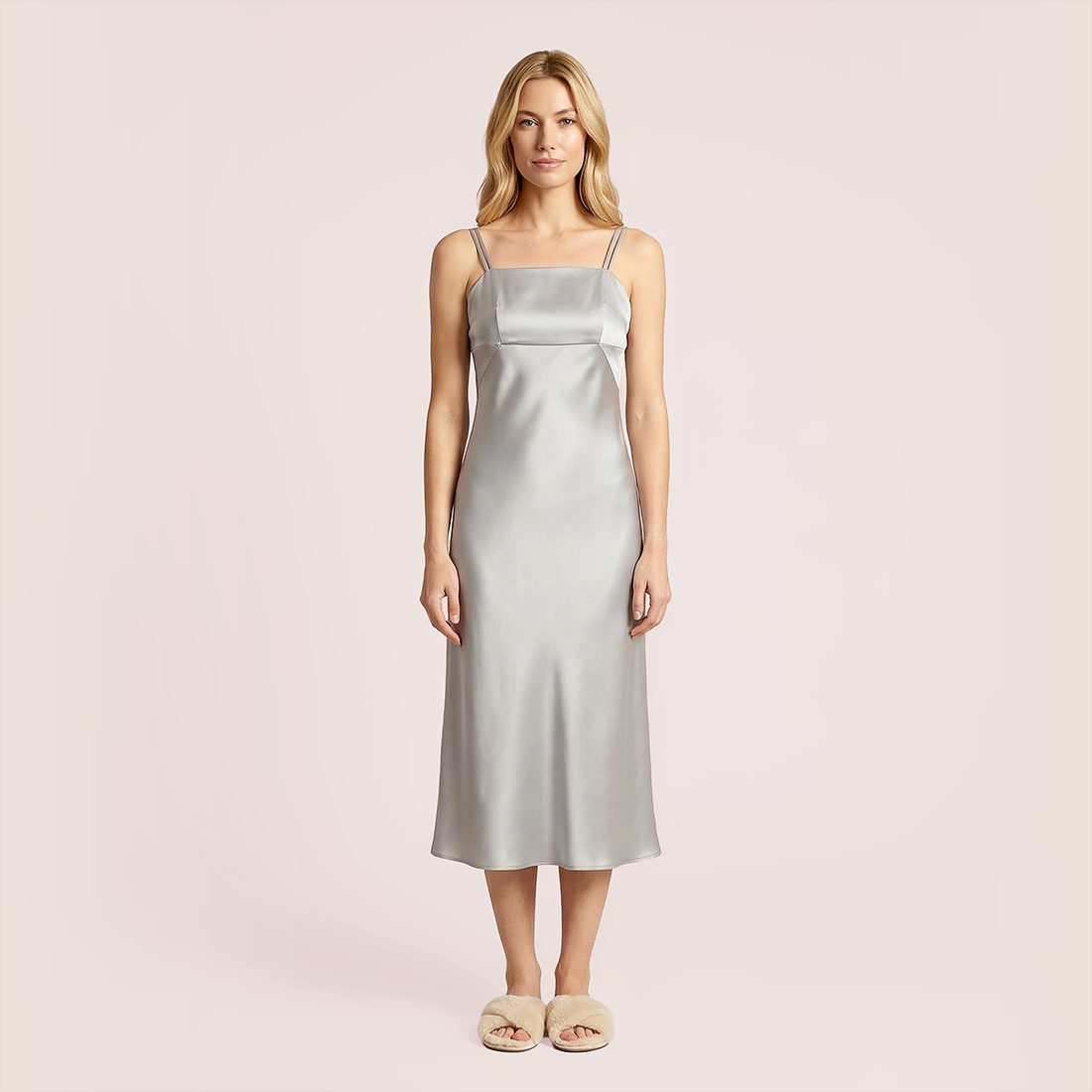 100% real silk slim fit suspender Midi dress-Nomee