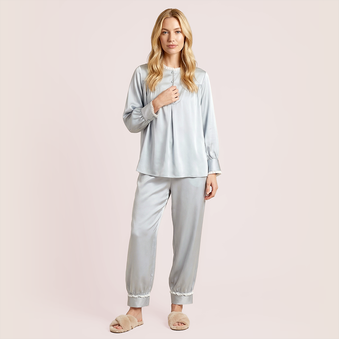 Fashion lace decorated silk sleepwear set-Nomee