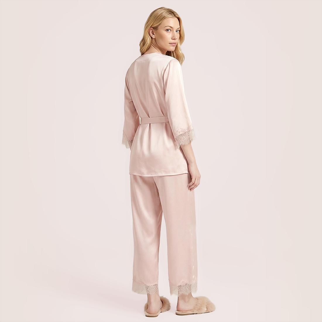 100% silk V-neck lace seven quarter sleeved jacket+long pants pajama set-Nomee