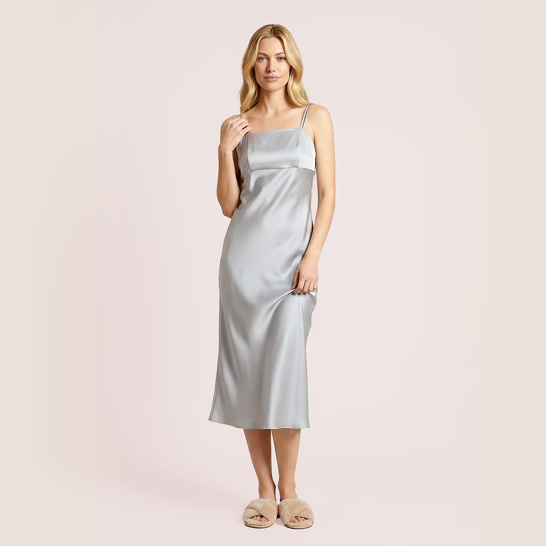 100% real silk slim fit suspender Midi dress-Nomee
