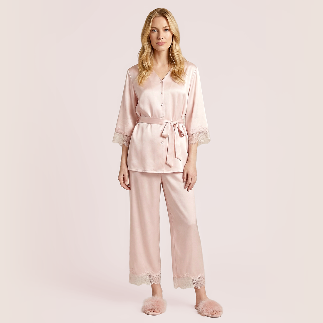 100% silk V-neck lace seven quarter sleeved jacket+long pants pajama set-Nomee