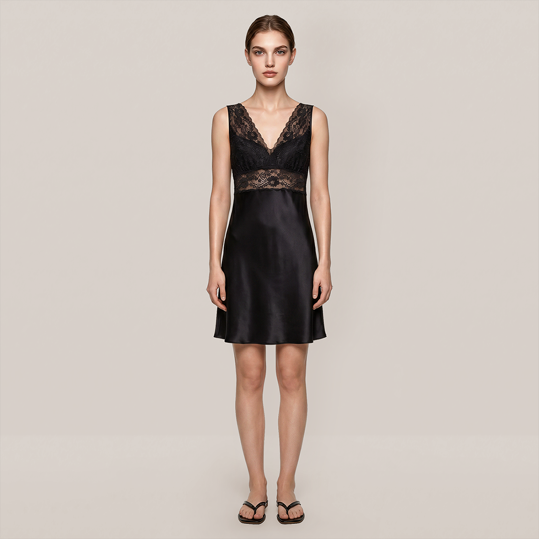 100% Mulberry Silk Lace V-Neck Sleeveless Short Nightgown - Nomee