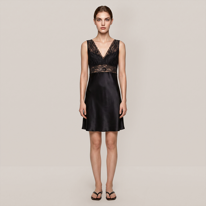100% Mulberry Silk Lace V-Neck Sleeveless Short Nightgown - Nomee