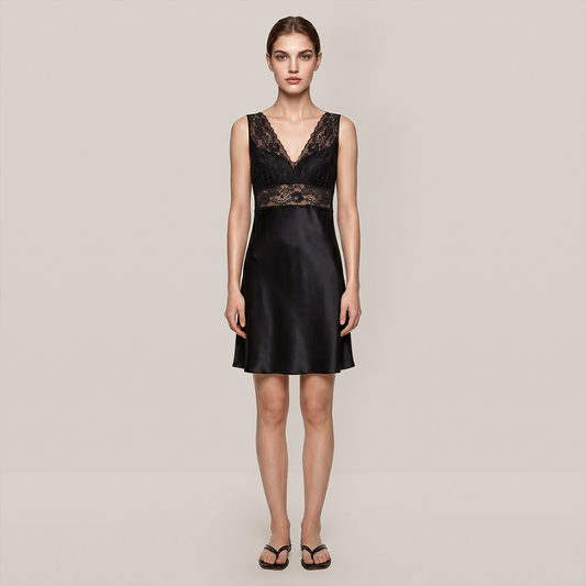 100% Mulberry Silk Lace V-Neck Sleeveless Short Nightgown - Nomee