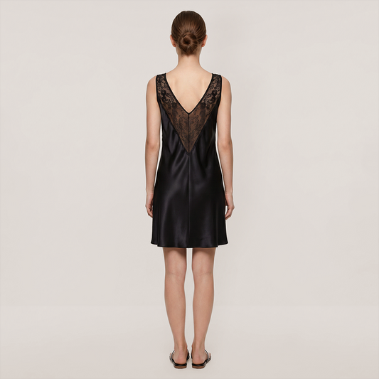 100% Mulberry Silk Lace V-Neck Sleeveless Short Nightgown - Nomee