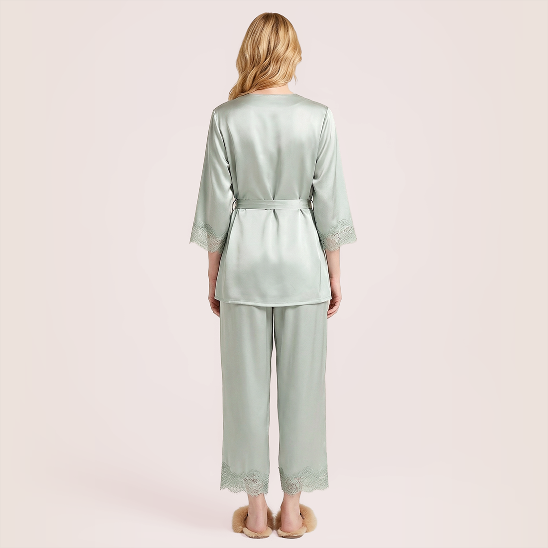 100% silk V-neck lace seven quarter sleeved jacket+long pants pajama set-Nomee