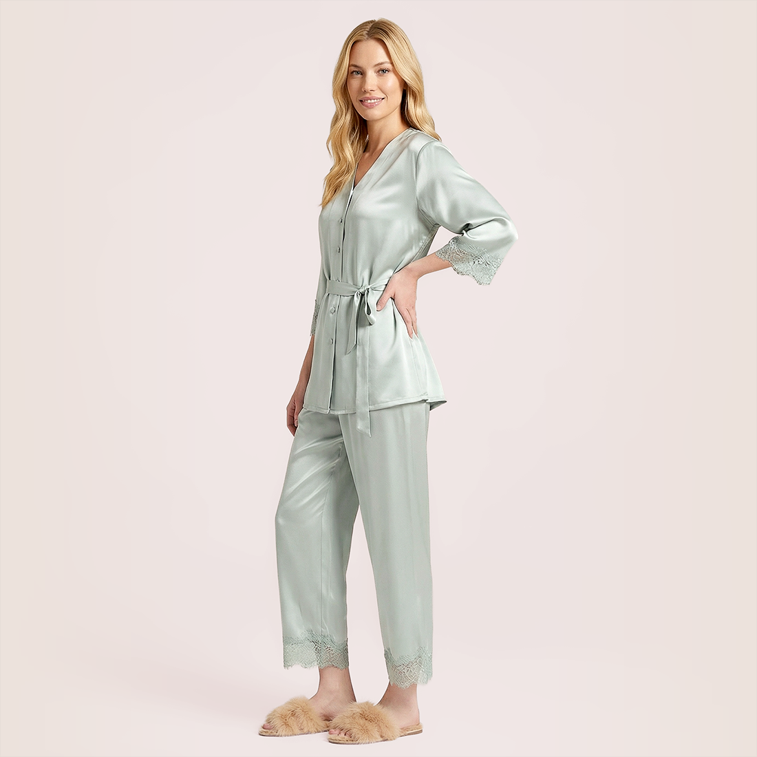 100% silk V-neck lace seven quarter sleeved jacket+long pants pajama set-Nomee