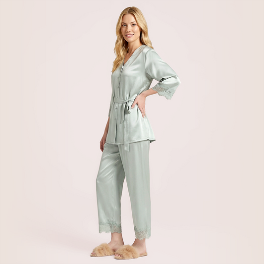 100% silk V-neck lace seven quarter sleeved jacket+long pants pajama set-Nomee