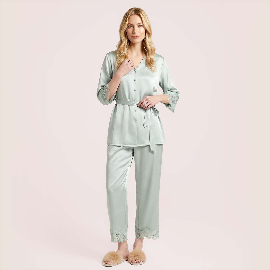 100% silk V-neck lace seven quarter sleeved jacket+long pants pajama set-Nomee