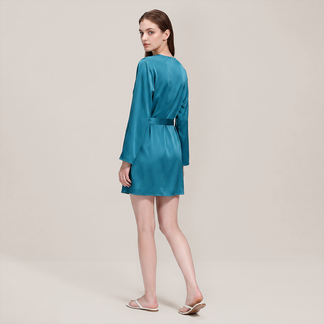 100% Mulberry Silk Embroidered V-Neck Long Robe - Nomee