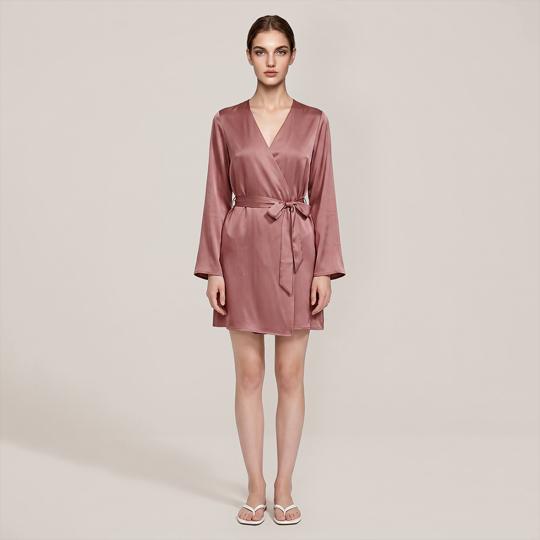100% Mulberry Silk Embroidered V-Neck Long Robe - Nomee