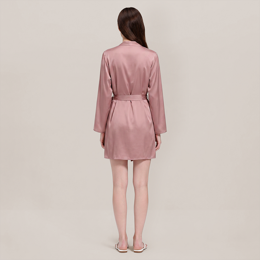 100% Mulberry Silk Embroidered V-Neck Long Robe - Nomee