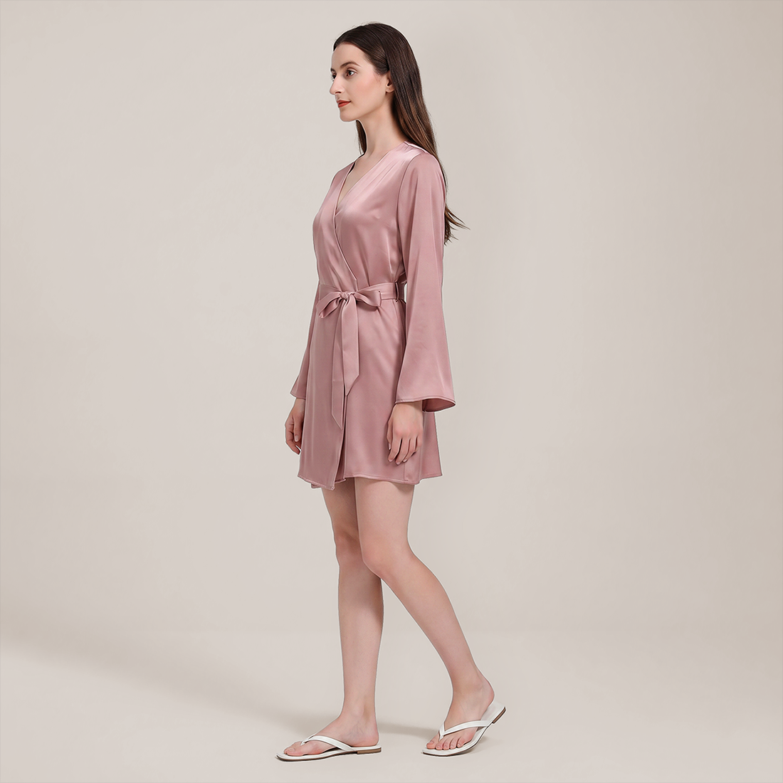 100% Mulberry Silk Embroidered V-Neck Long Robe - Nomee