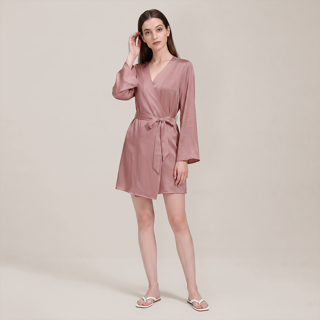 100% Mulberry Silk Embroidered V-Neck Long Robe - Nomee