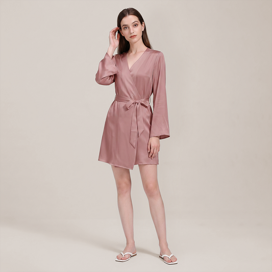 100% Mulberry Silk Embroidered V-Neck Long Robe - Nomee