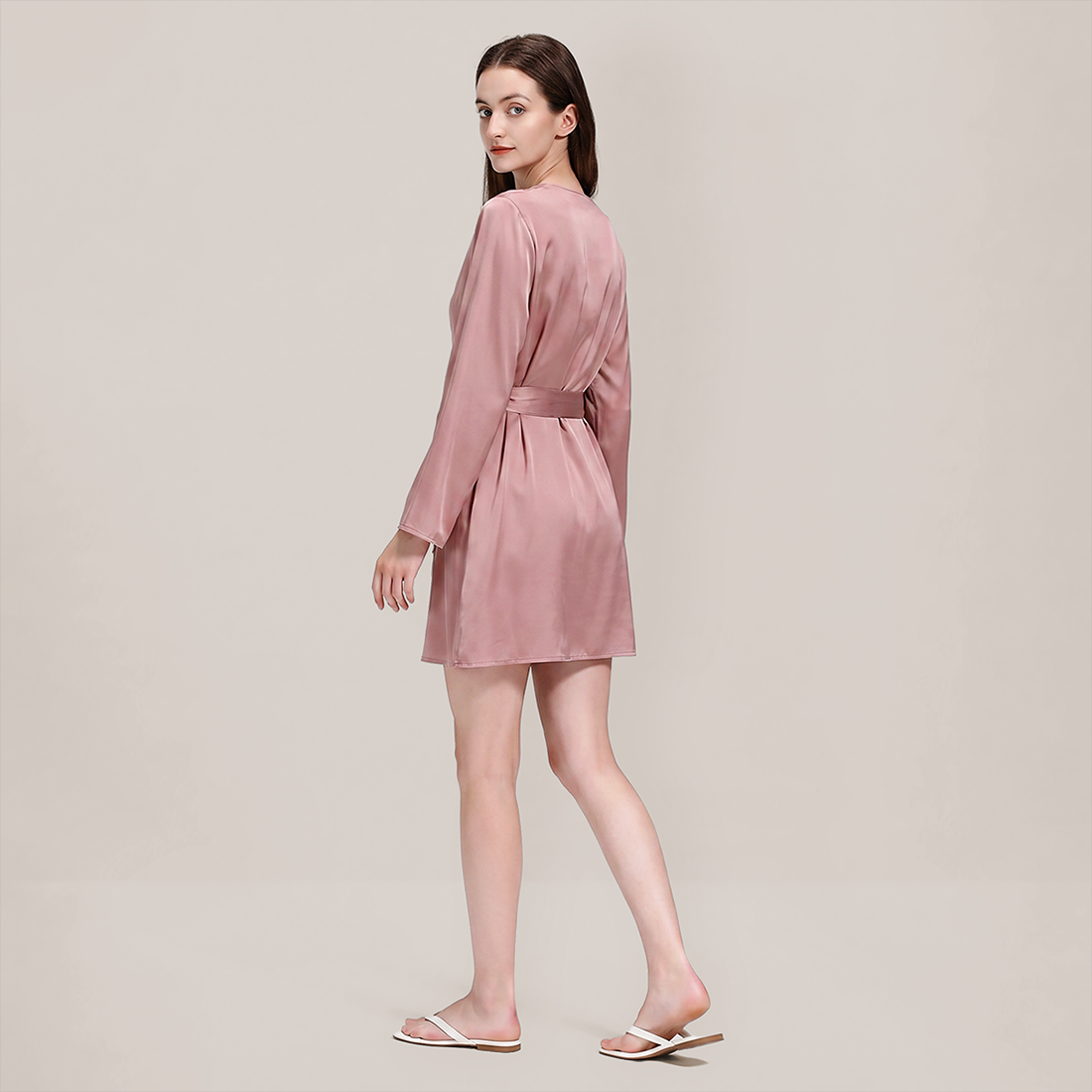 100% Mulberry Silk Embroidered V-Neck Long Robe - Nomee