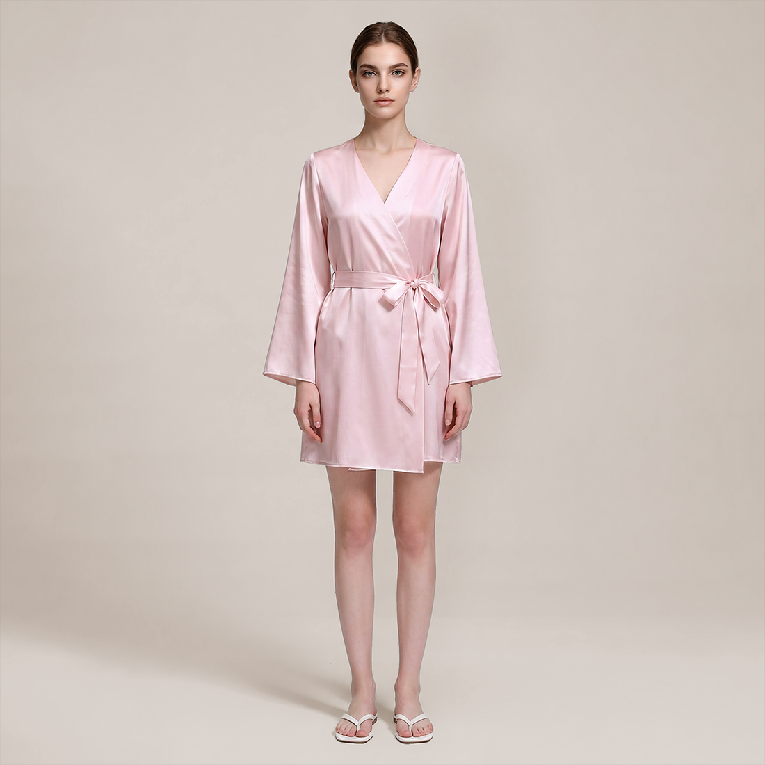 100% Mulberry Silk Embroidered V-Neck Long Robe - Nomee