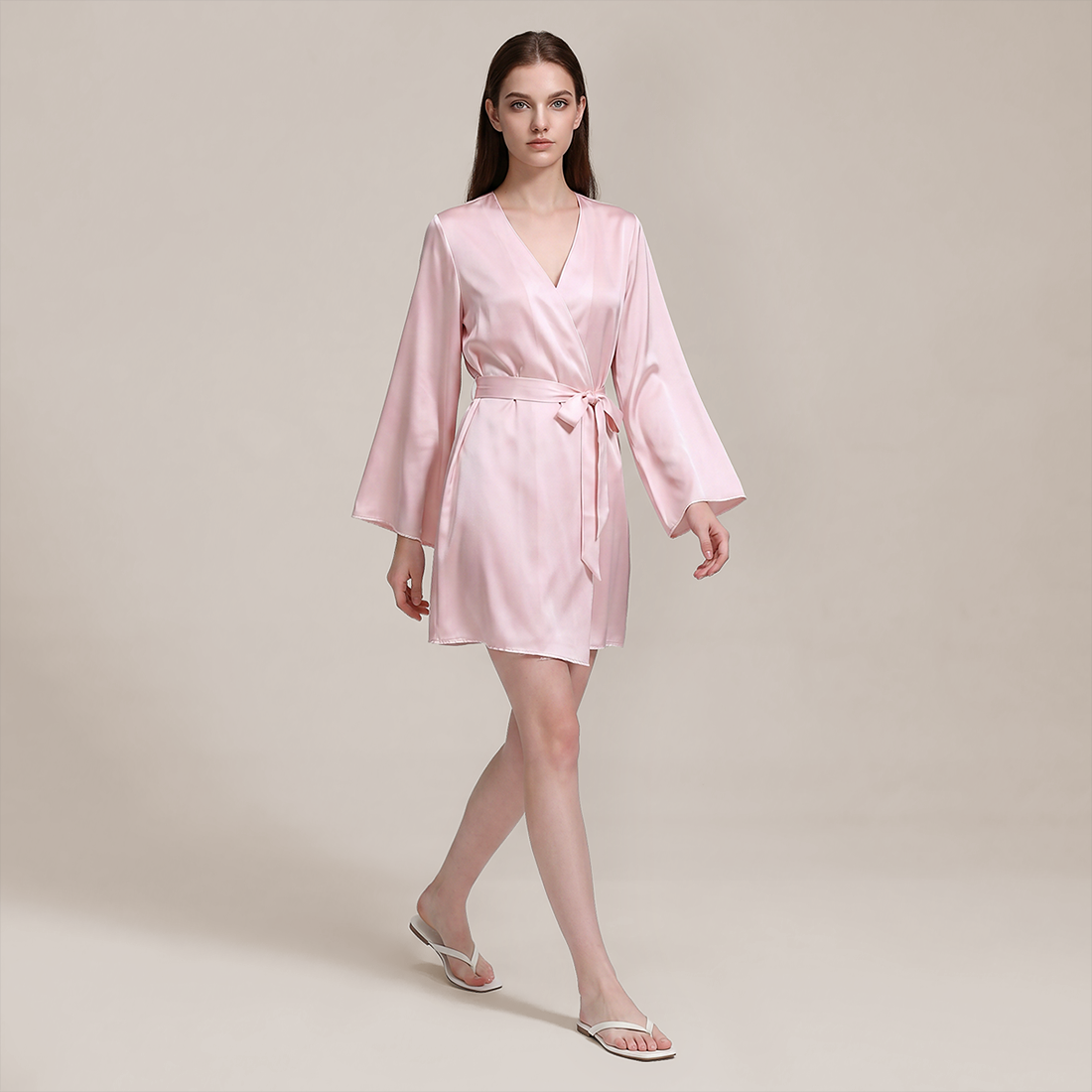 100% Mulberry Silk Embroidered V-Neck Long Robe - Nomee