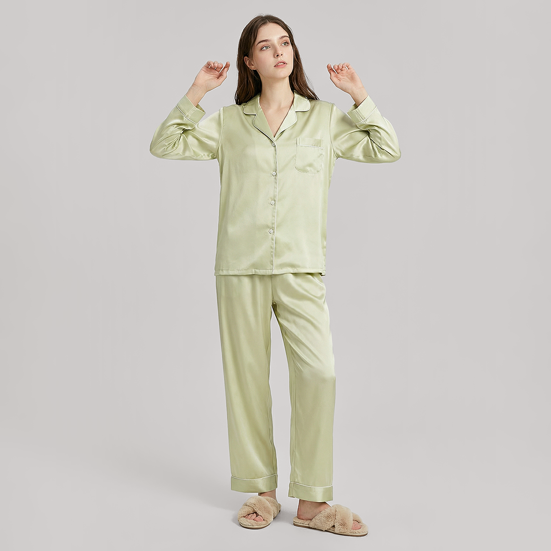 19 Momme Mulberry Silk Pajama Set for Women - Long Sleeve Pants Set - Nomee