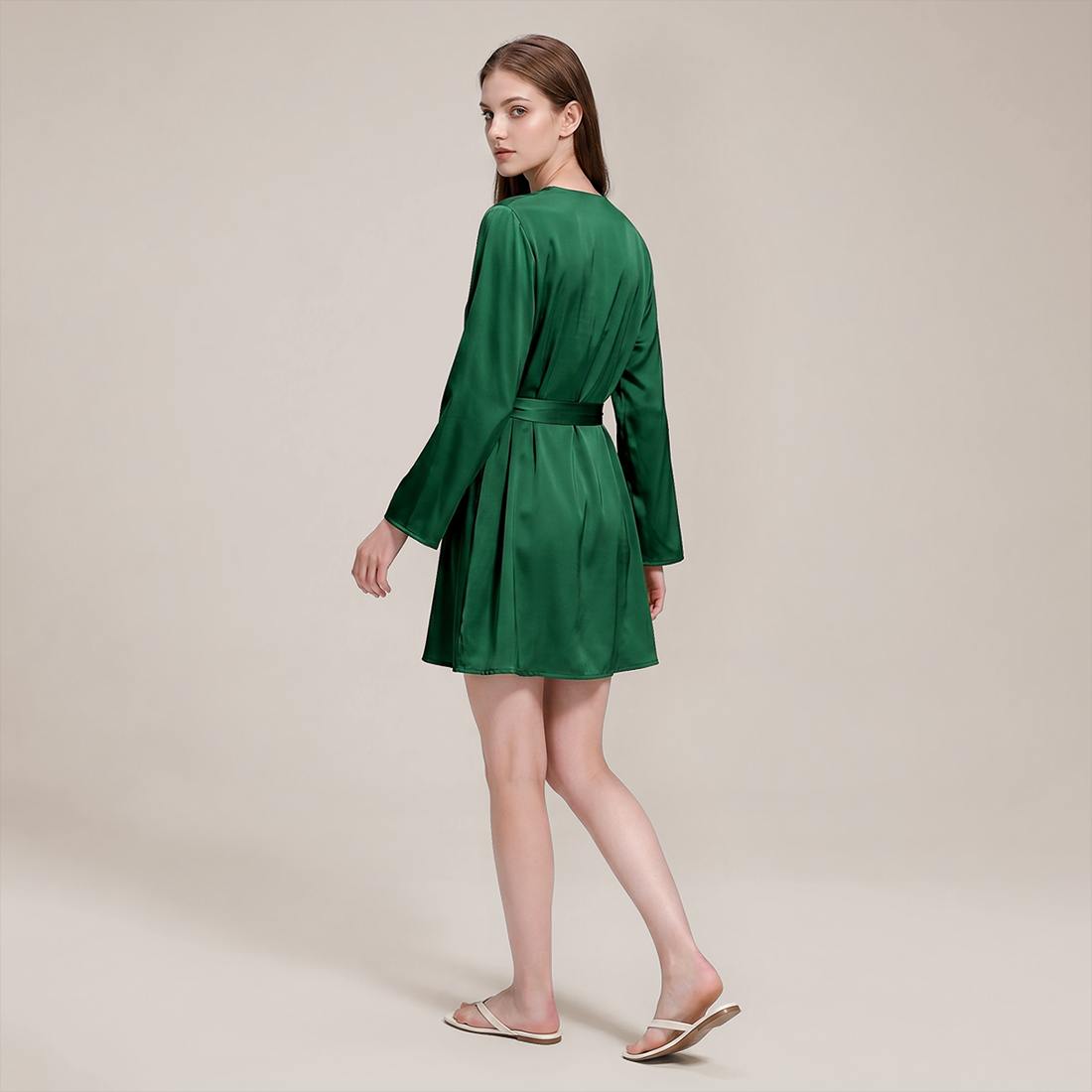 100% Mulberry Silk Embroidered V-Neck Long Robe - Nomee