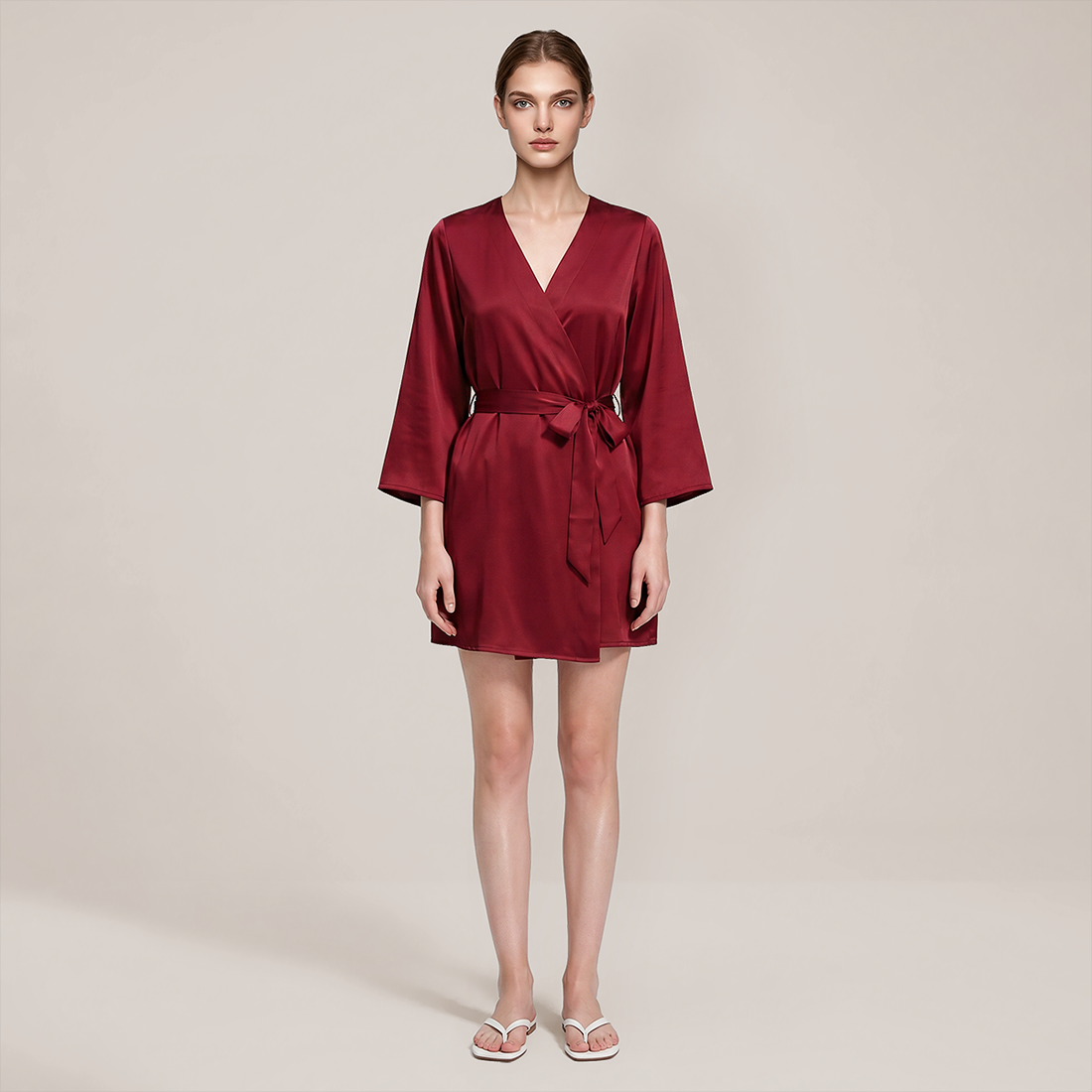100% Mulberry Silk Embroidered V-Neck Long Robe - Nomee