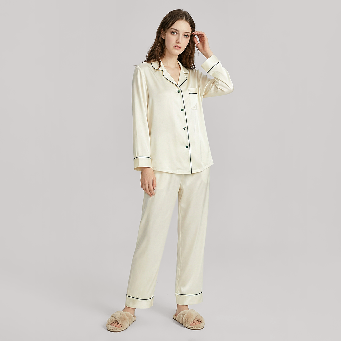 19 Momme Mulberry Silk Pajama Set for Women - Long Sleeve Pants Set - Nomee