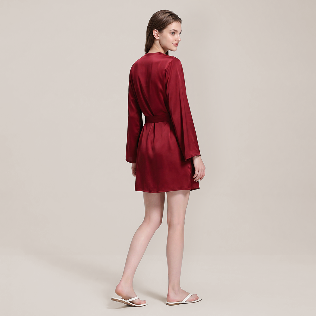 100% Mulberry Silk Embroidered V-Neck Long Robe - Nomee