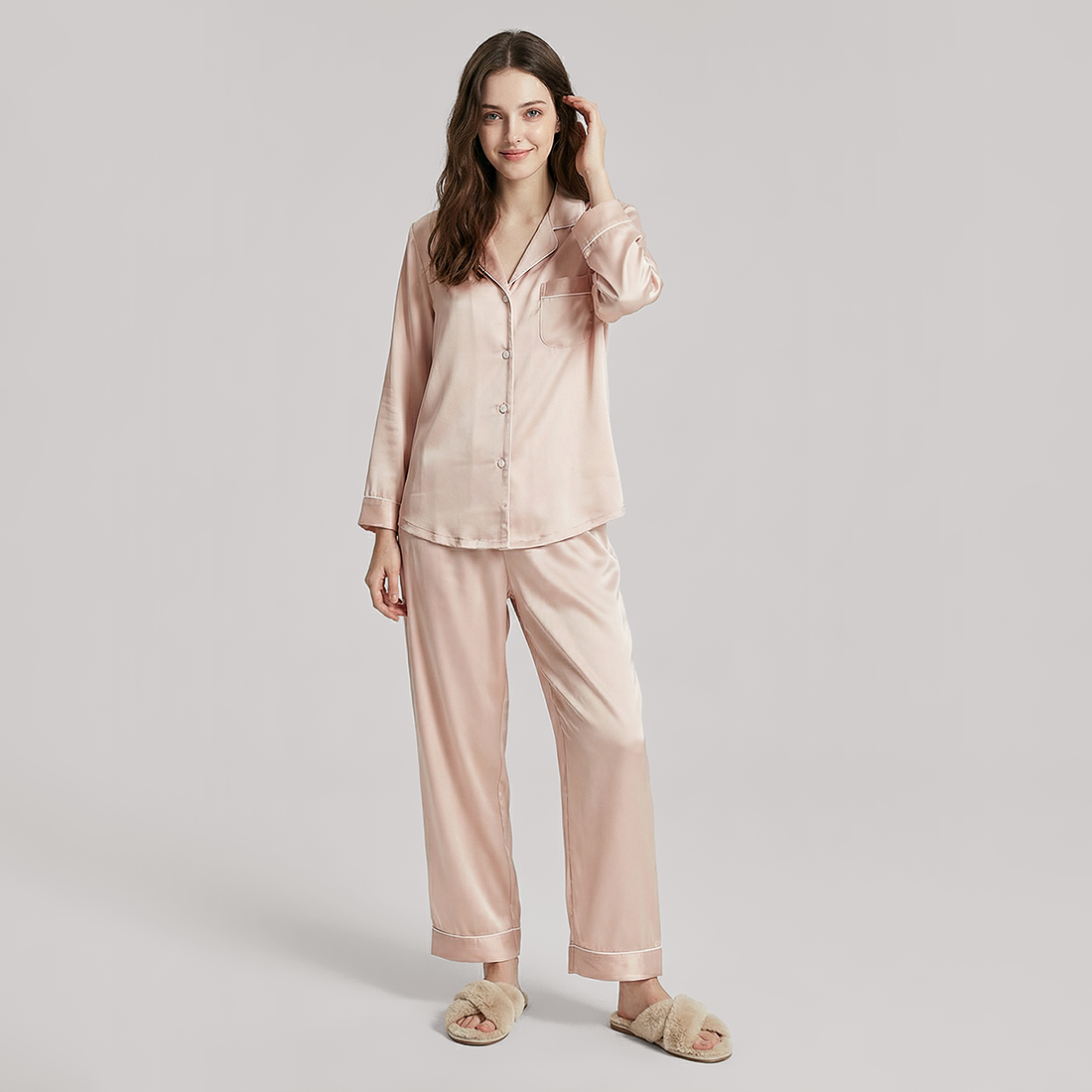 19 Momme Mulberry Silk Pajama Set for Women - Long Sleeve Pants Set - Nomee