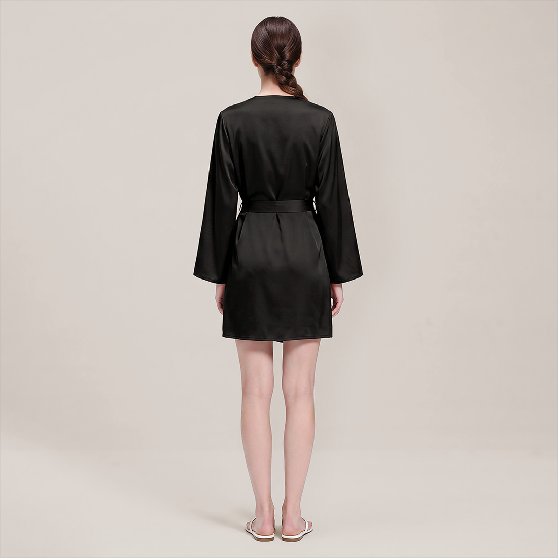 100% Mulberry Silk Embroidered V-Neck Long Robe - Nomee