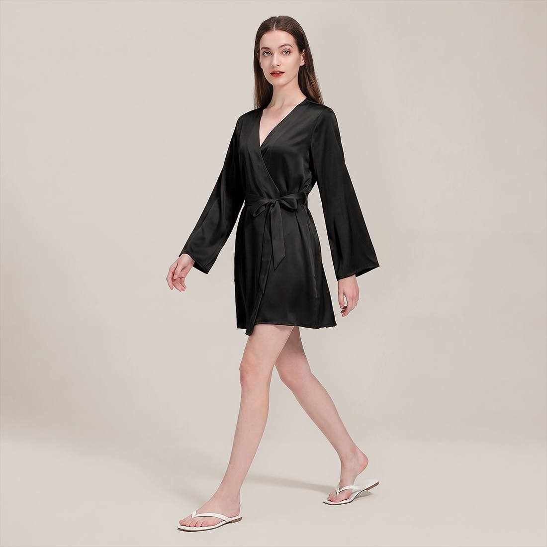 100% Mulberry Silk Embroidered V-Neck Long Robe - Nomee