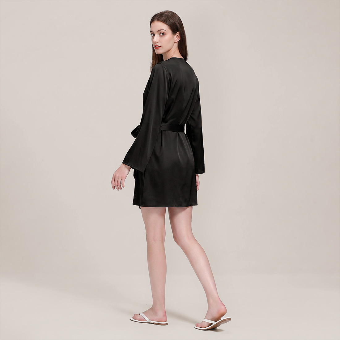 100% Mulberry Silk Embroidered V-Neck Long Robe - Nomee