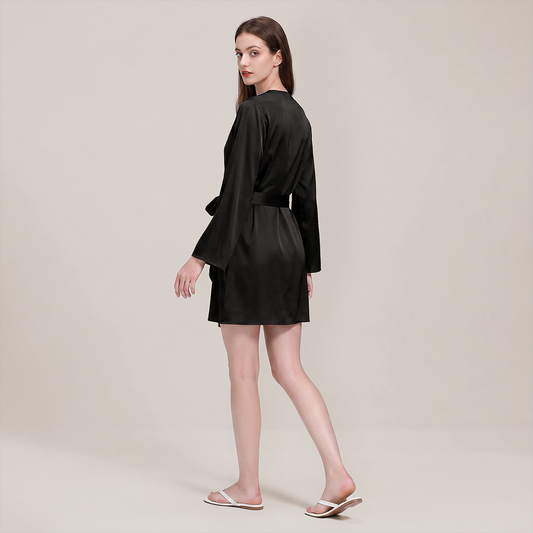 100% Mulberry Silk Embroidered V-Neck Long Robe - Nomee