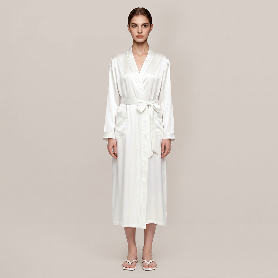 100% Mulberry Silk V-Neck Long Robe - Nomee