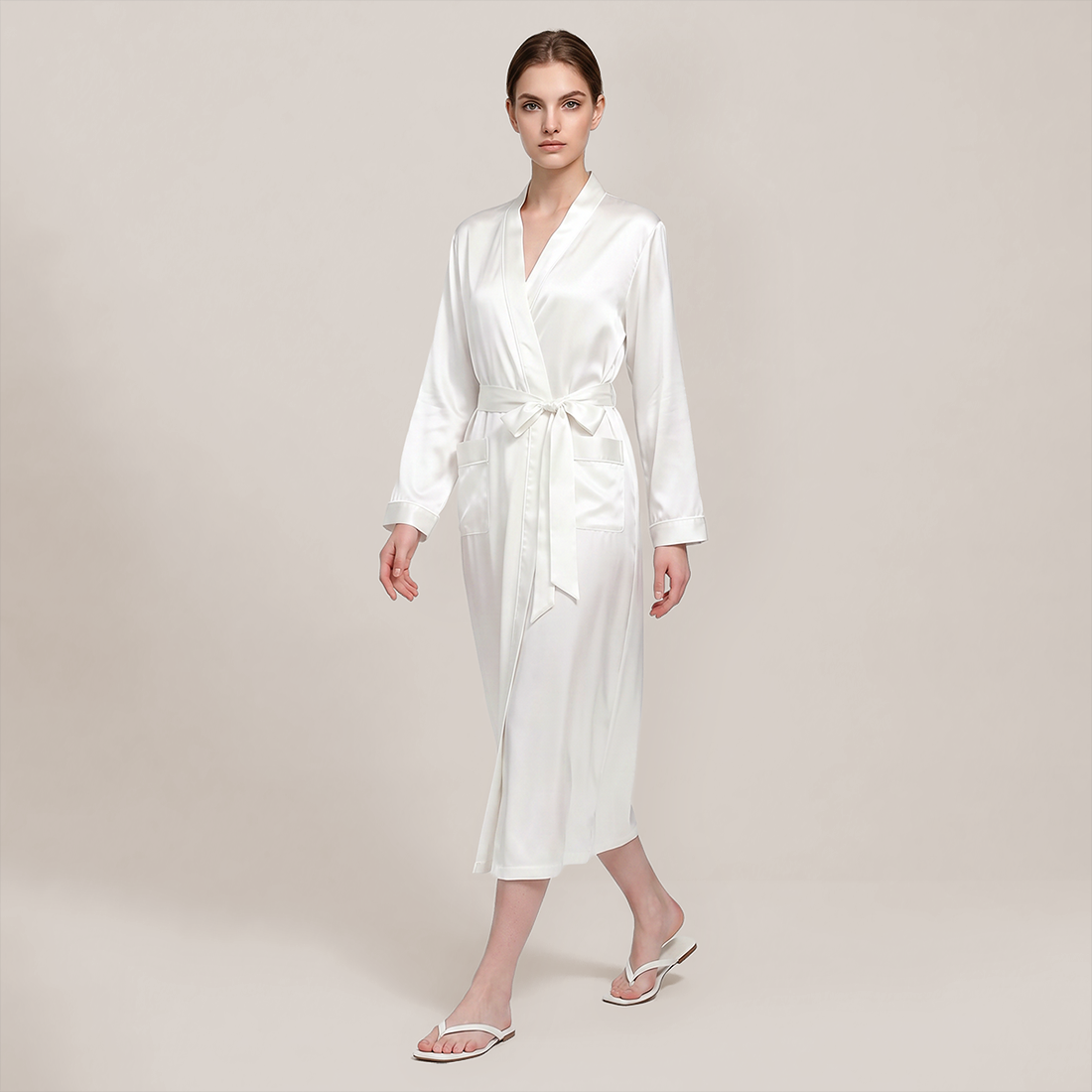 100% Mulberry Silk V-Neck Long Robe - Nomee