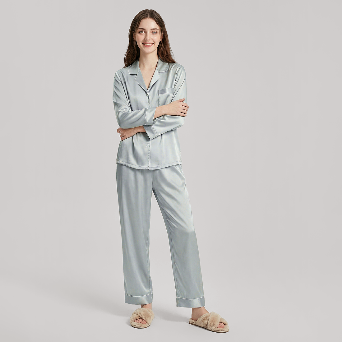 19 Momme Mulberry Silk Pajama Set for Women - Long Sleeve Pants Set - Nomee