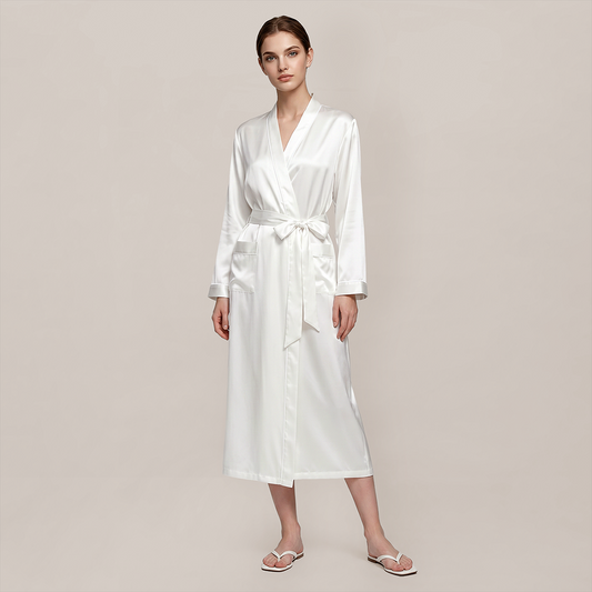 100% Mulberry Silk V-Neck Long Robe - Nomee
