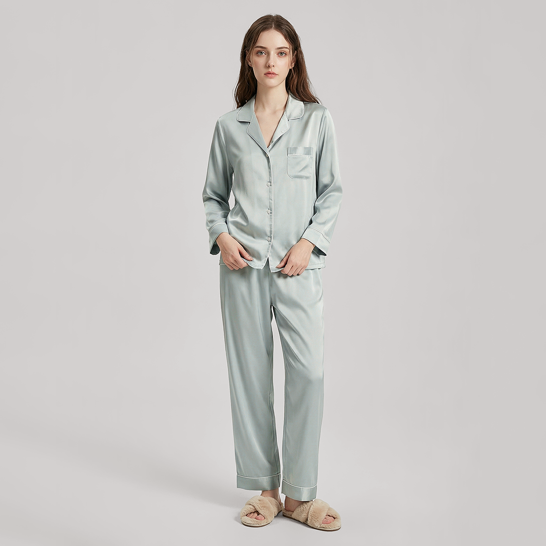 19 Momme Mulberry Silk Pajama Set for Women - Long Sleeve Pants Set - Nomee